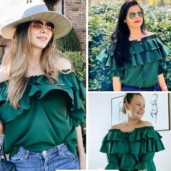 Byinns Women's Off The Shoulder Layered Ruffle Top in Emerald size XXL - Picture 2 of 13